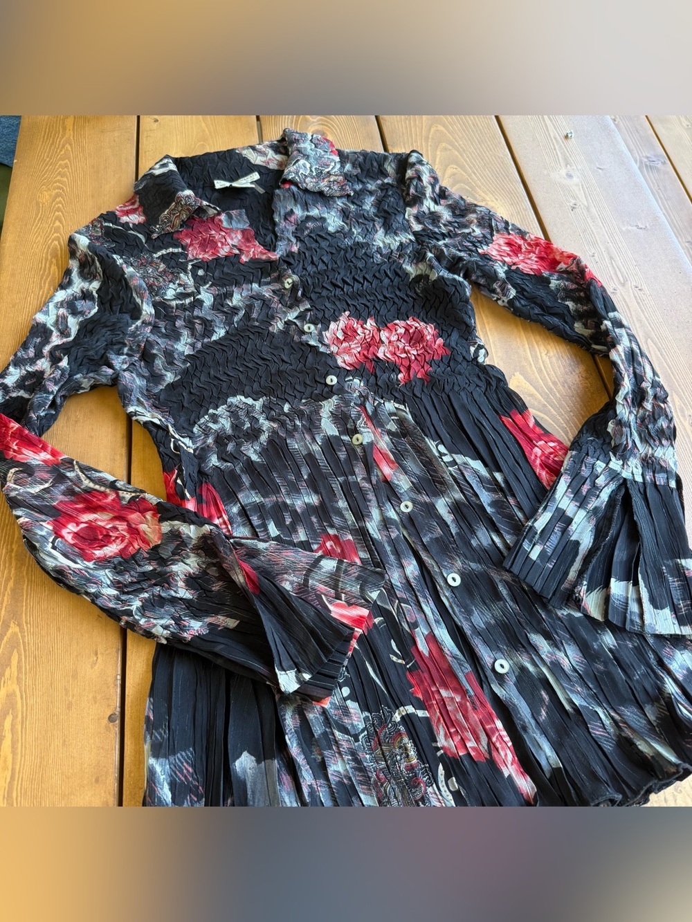 Vintage Alberto Makali Whimsygoth Crinkle Floral Button Front top L 90s Y2K - Picture 2 of 9